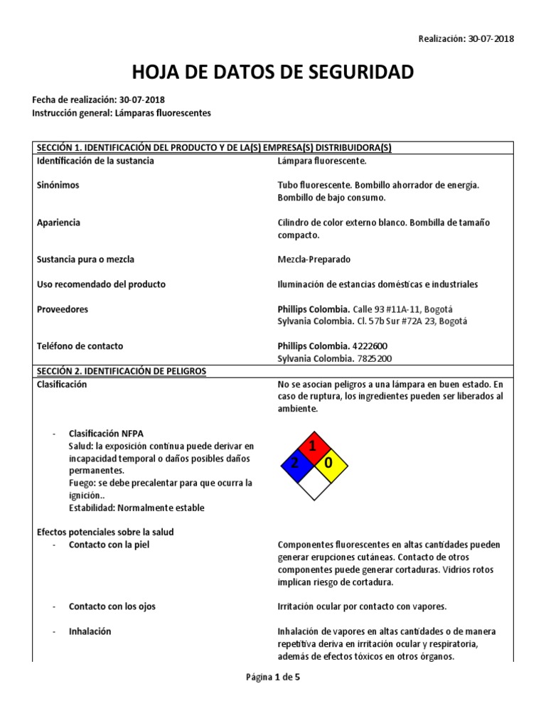 MSDS Lámparas Fluorescentes PDF Mercurio (Elemento) Lámpara