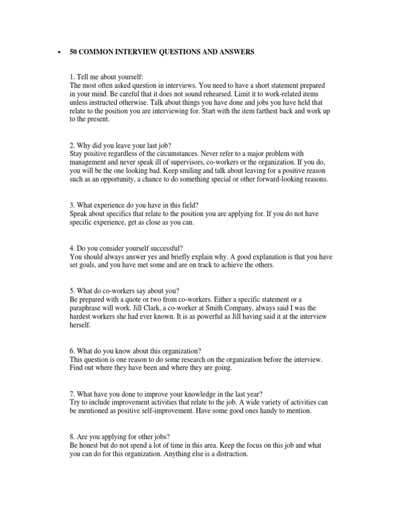 50 Common Interview Questions and Answers | PDF | Career & Growth ...