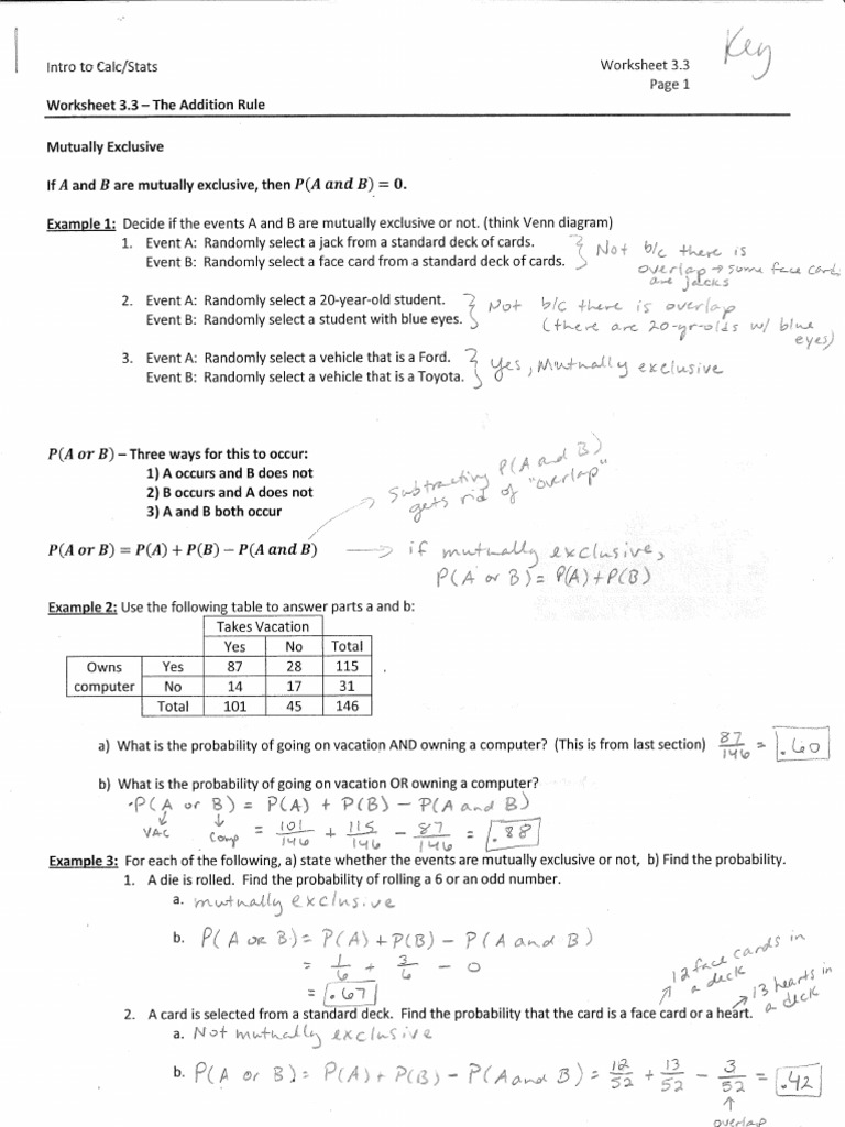Addition Rule Worksheet 3.3 | PDF