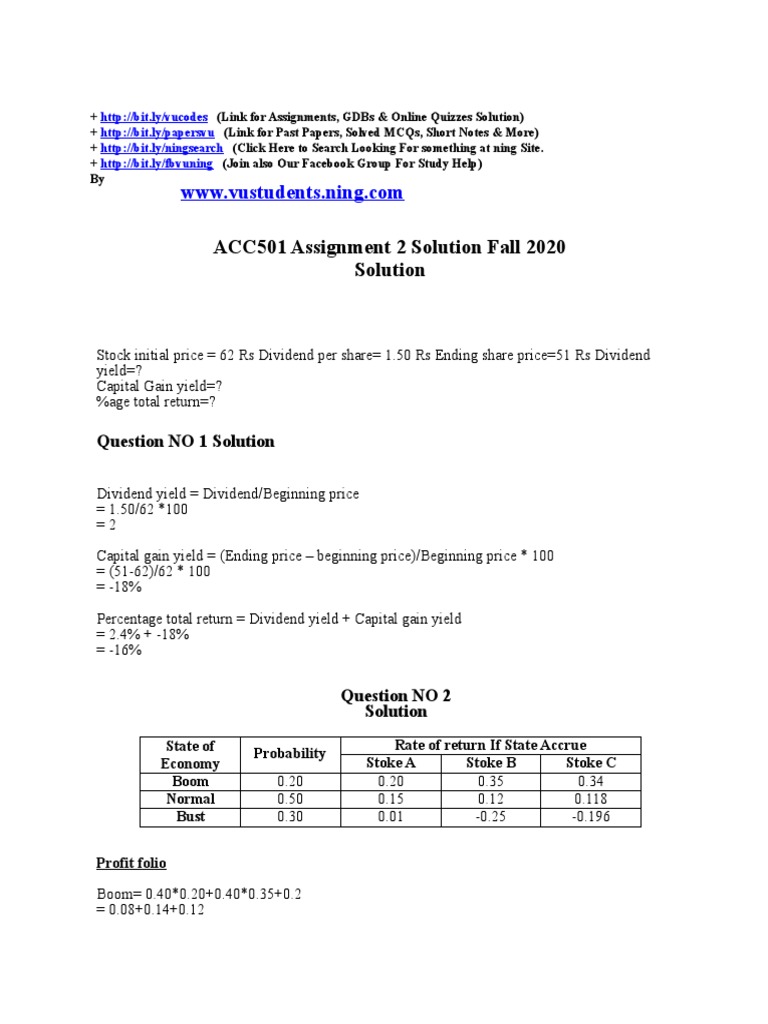Acc501 Assignment 2 Solution Fall 2020 Solution Pdf Yield Finance