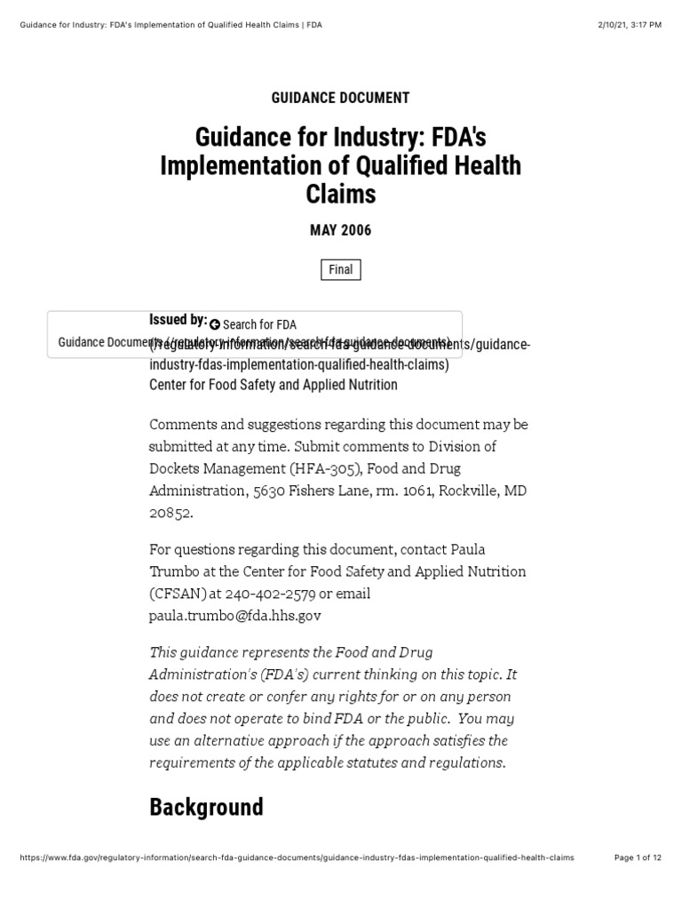 FDA - Guidance For Industry: FDA's Implementation of Qualified Health ...