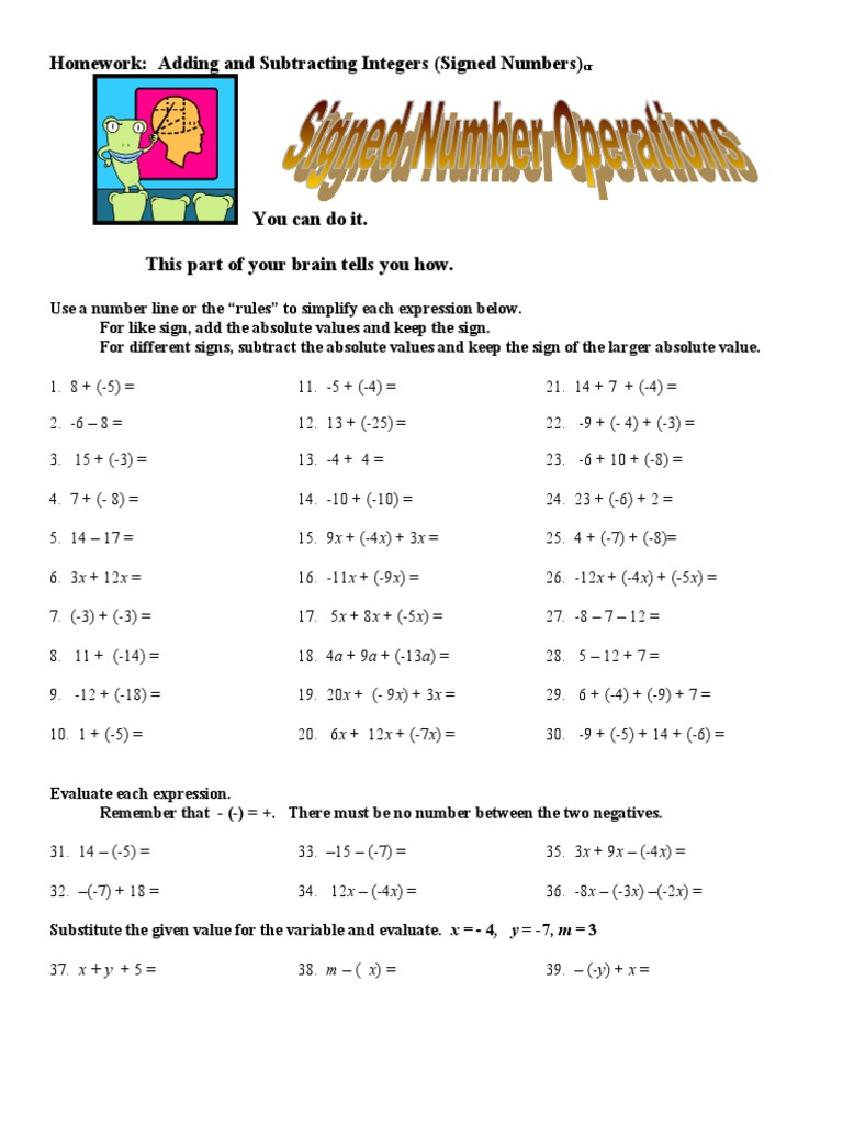 Homework: Adding and Subtracting Integers (Signed Numbers) | PDF