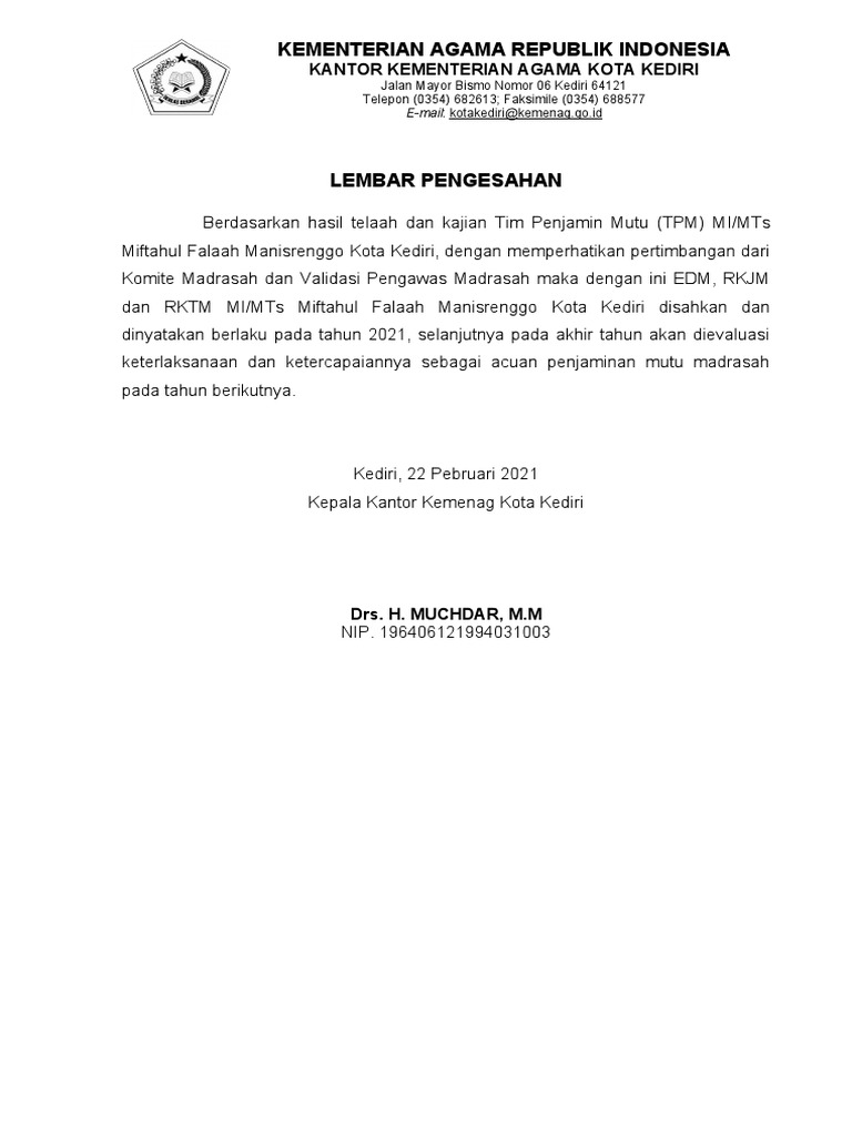 Pengesahan RKJM dan RKTM MI/MTs Kediri | PDF