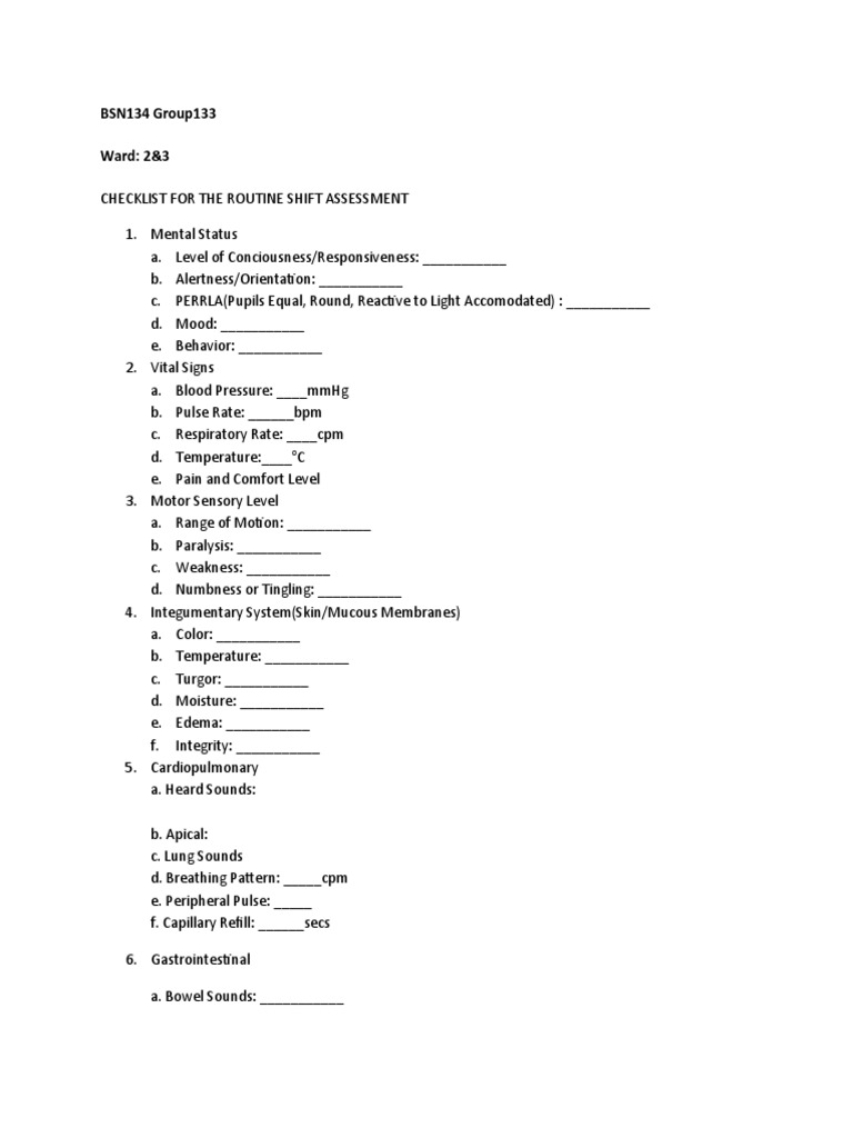 Routine Shift Assessment Checklist | PDF