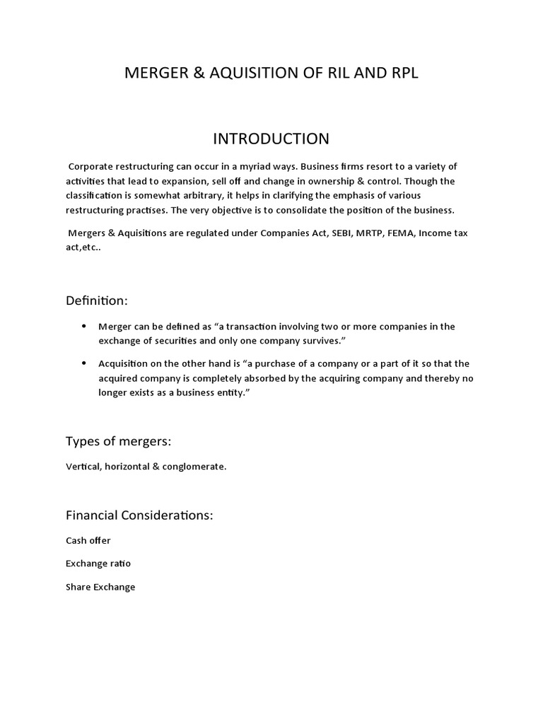 RIL & RPL Merger Analysis | PDF | Mergers And Acquisitions | Economies