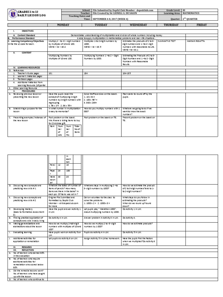 DLL Mathematics 3 q2 w4 | PDF | Multiplication | Learning