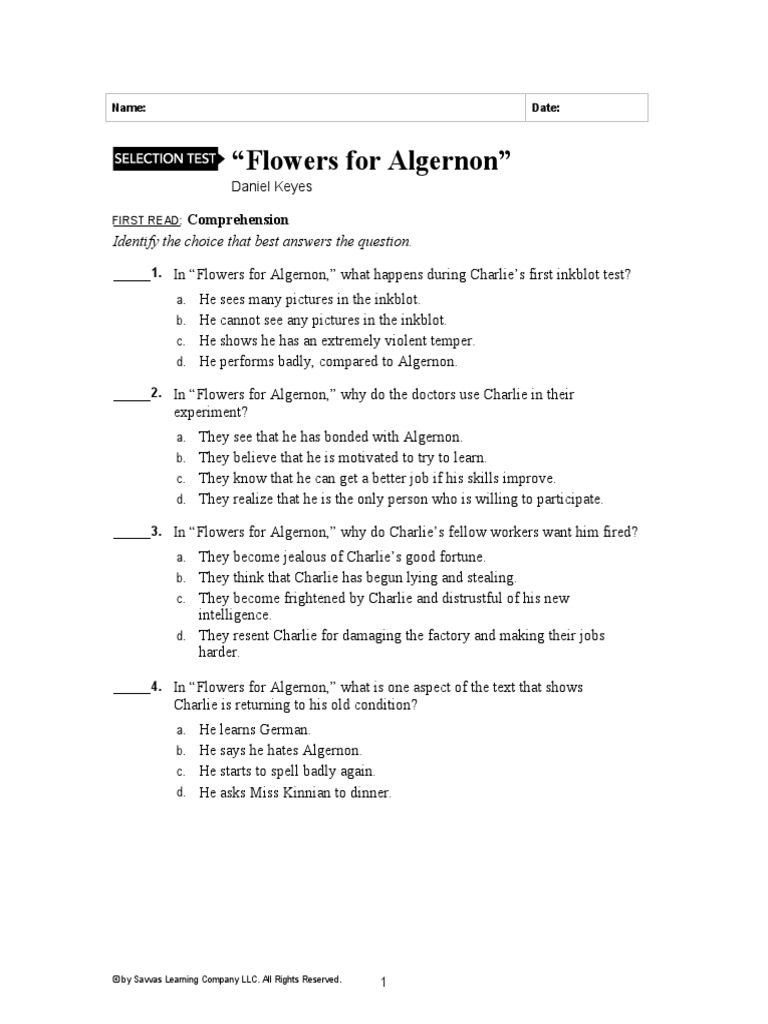 "Flowers For Algernon" Identify The Choice That Best Answers The Question PDF Narration