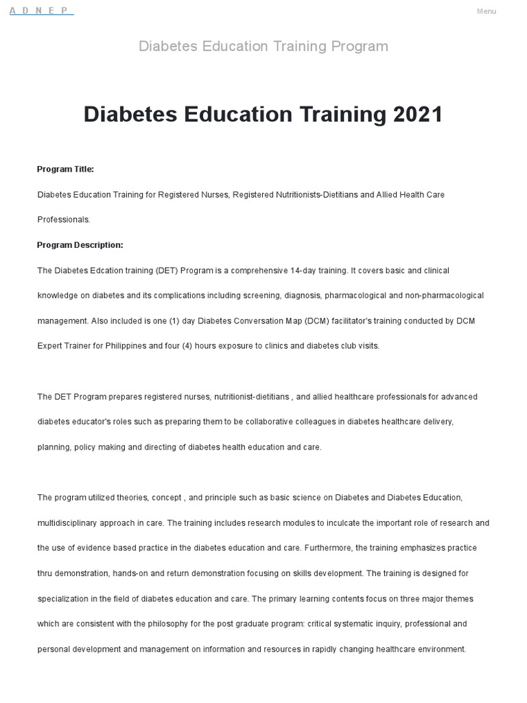 Diabetes Education Training Program PDF Diabetes Health Care