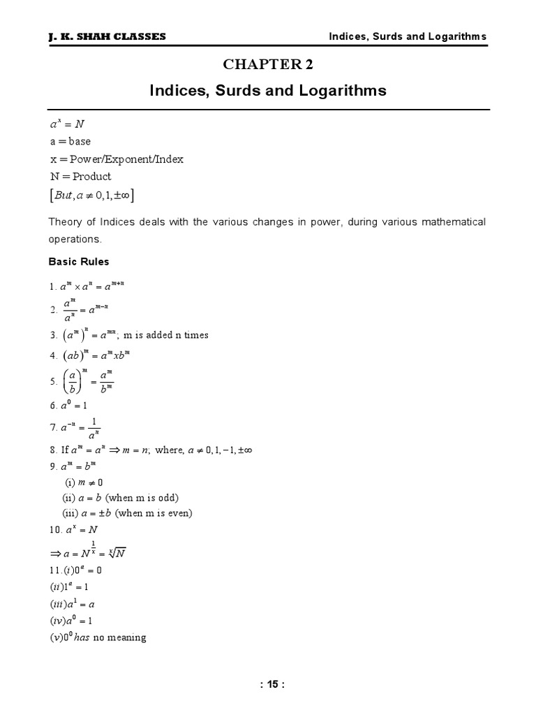 Indices Surds Logarithm Notes PDF Numbers Logarithm
