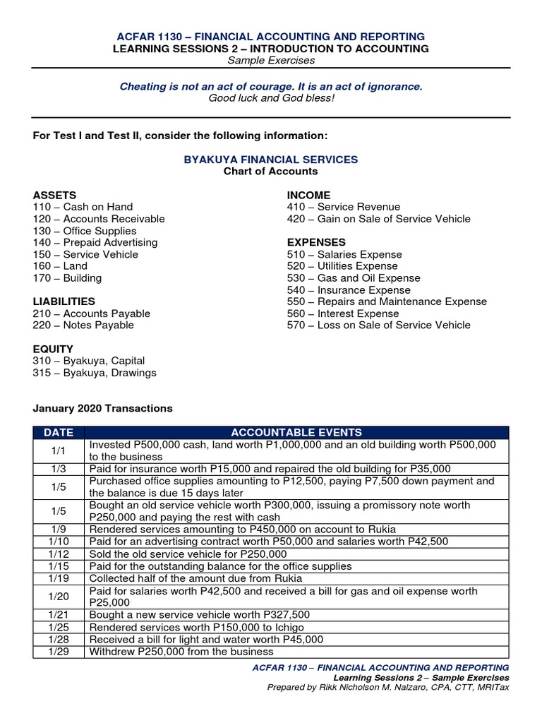 2 Introduction To Accounting Sample Exercises Pdf Financial