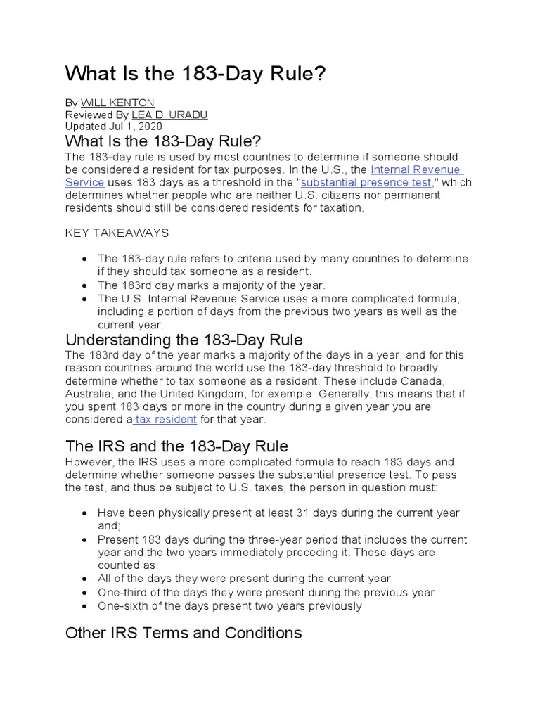 What Is The 183Day Rule? PDF Double Taxation United States