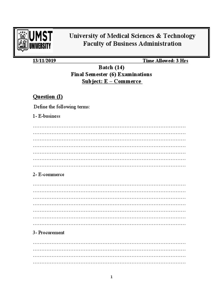 UMST Faculty of Business Administration Final Exam PDF