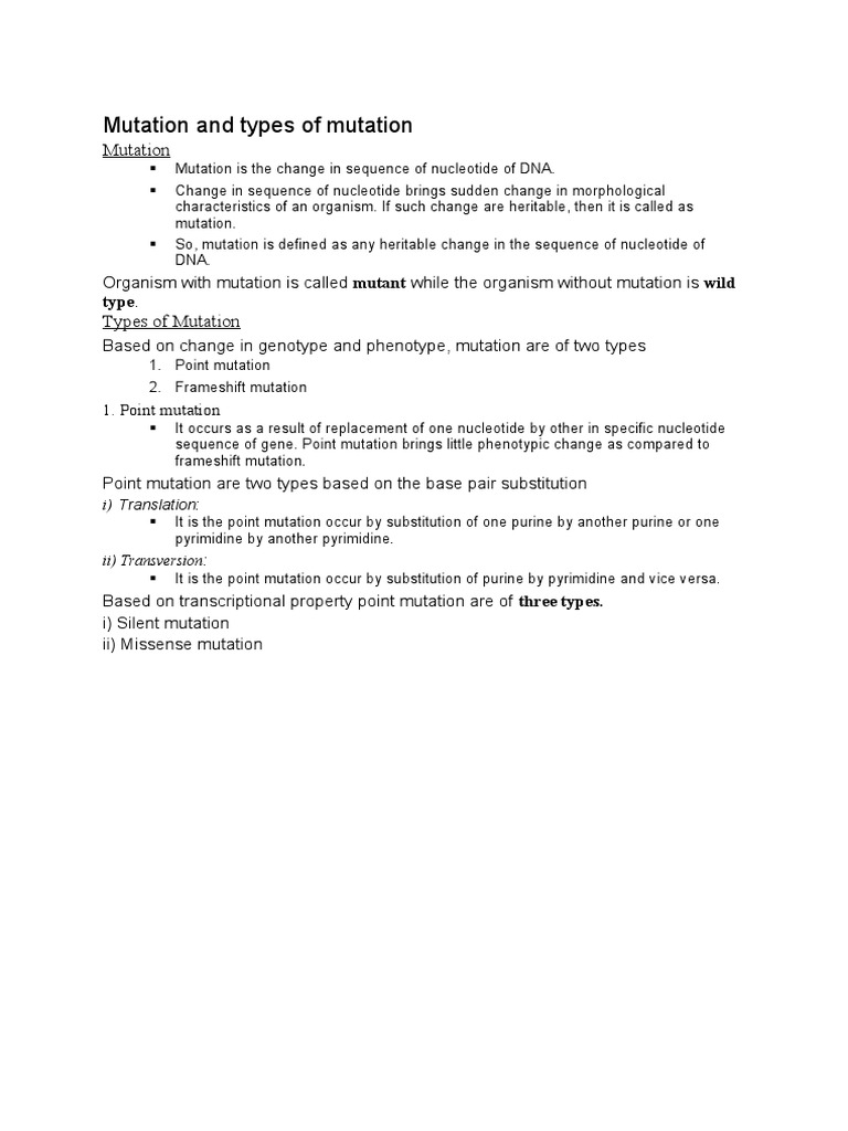 Mutation and Types of Mutation PDF Point Mutation Code