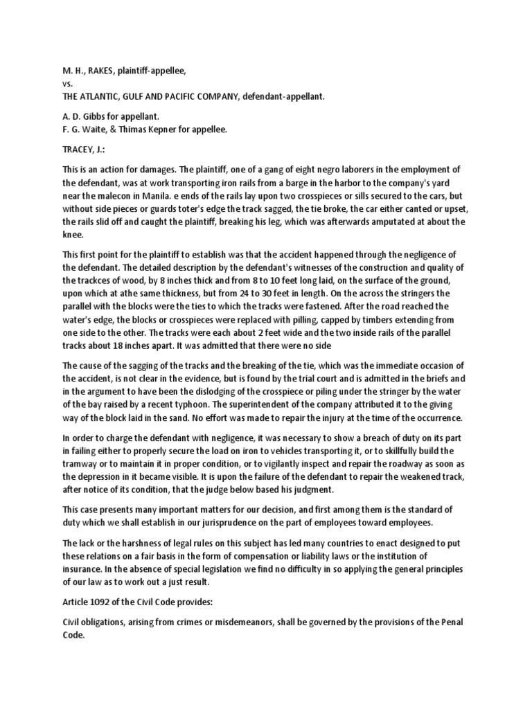 Rakes Vs The Atlantic Gulf and Pacific Company PDF Negligence