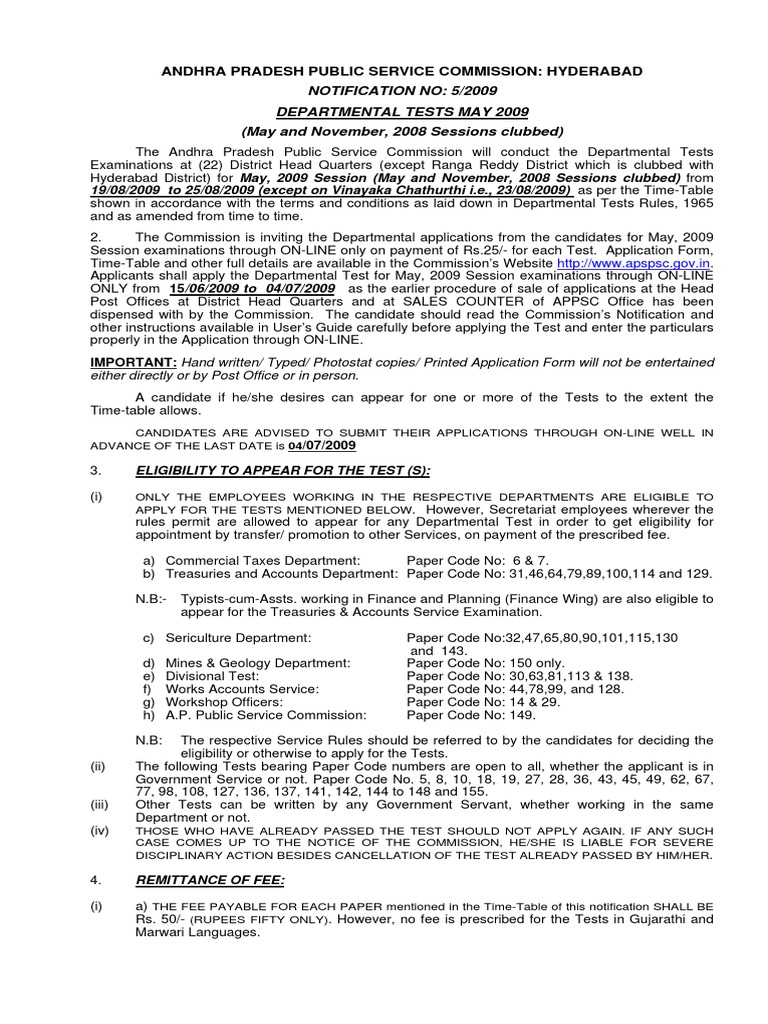 APPSC Departmental Test Notification 2009 | PDF | Inspector | Business