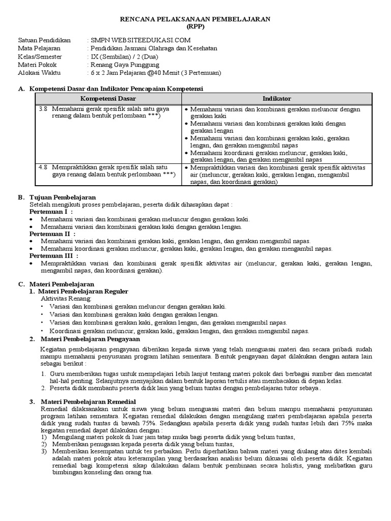 RPP 2 PJOK Kelas 9 TM 7 Renang Gaya Punggung | PDF