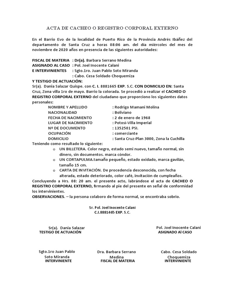 Acta de Cacheo o Registro Corporal Externo | PDF | Ciencias sociales ...