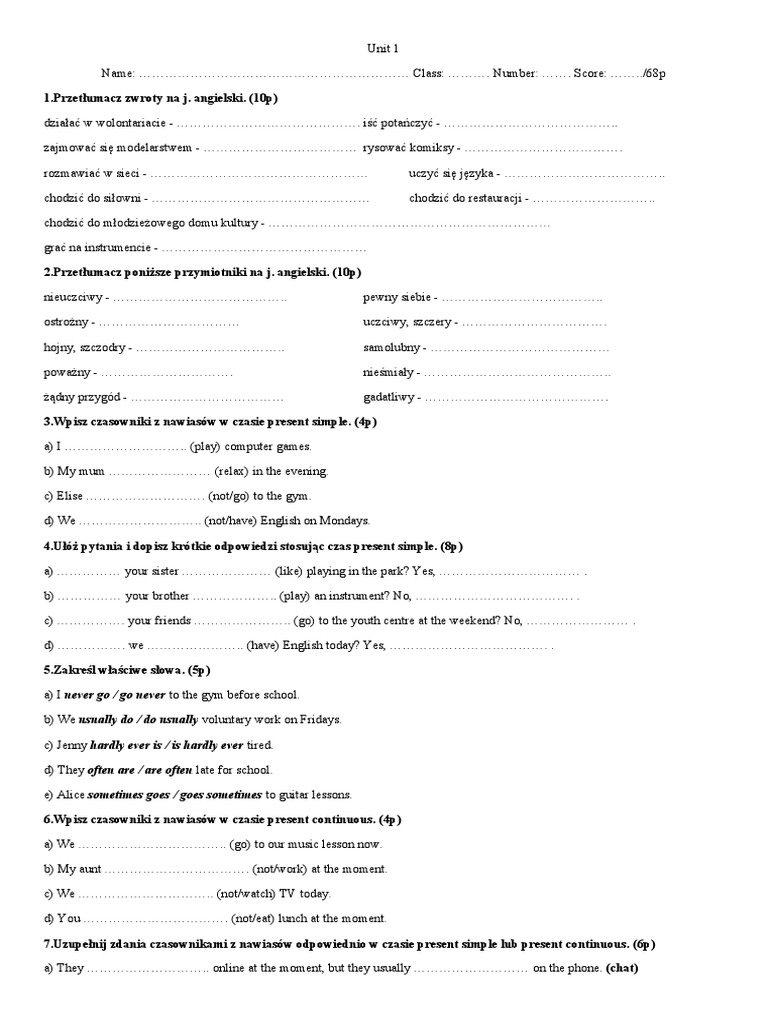 Test Z Angielskiego Klasa 4 Unit 1 Do Druku