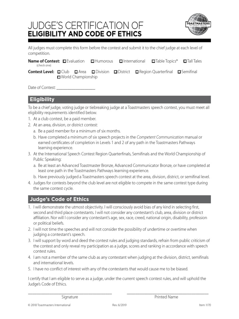 Toastmasters 1170 Judges Certificate of Eligibility Ethics FF | PDF ...