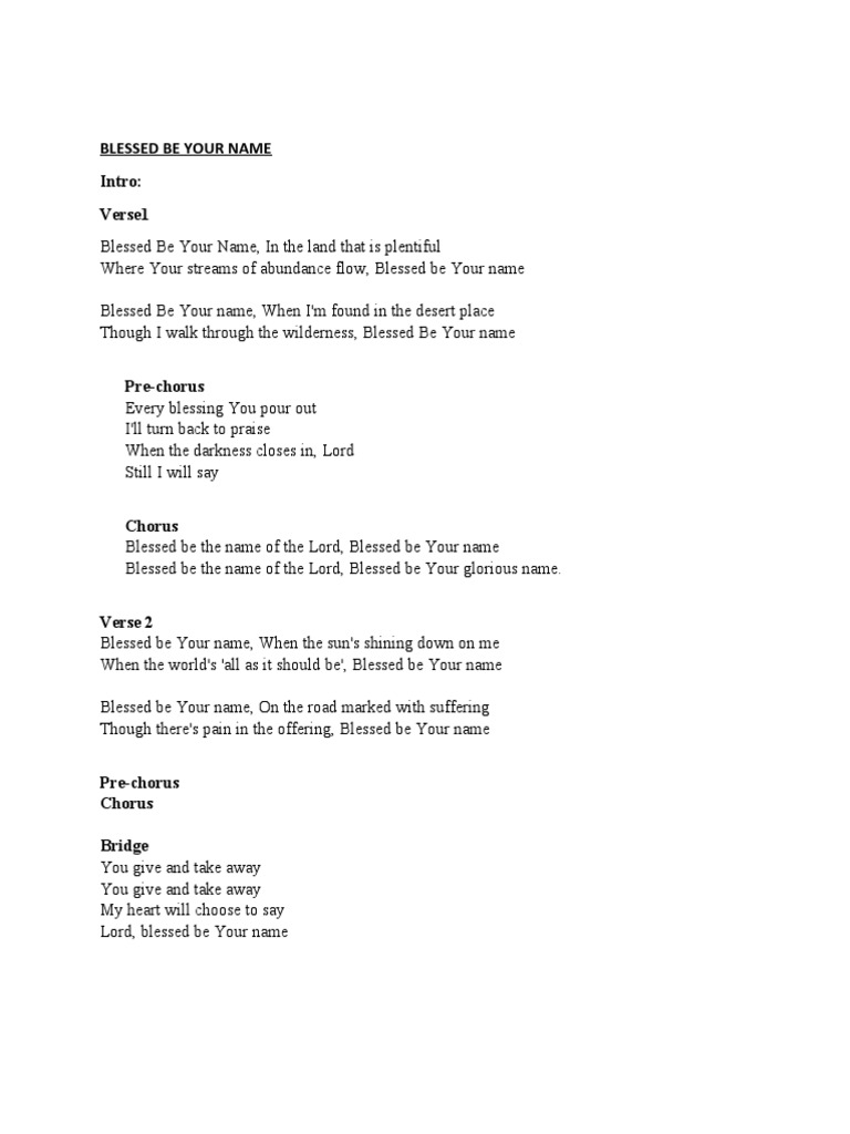 Blessed Be Your Name (Lyrics) | PDF