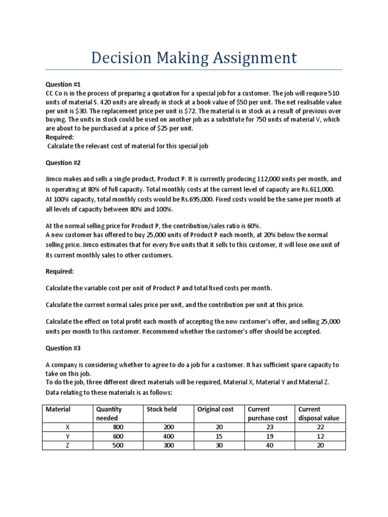 Decision Making Assignment Pdf Stocks Sales
