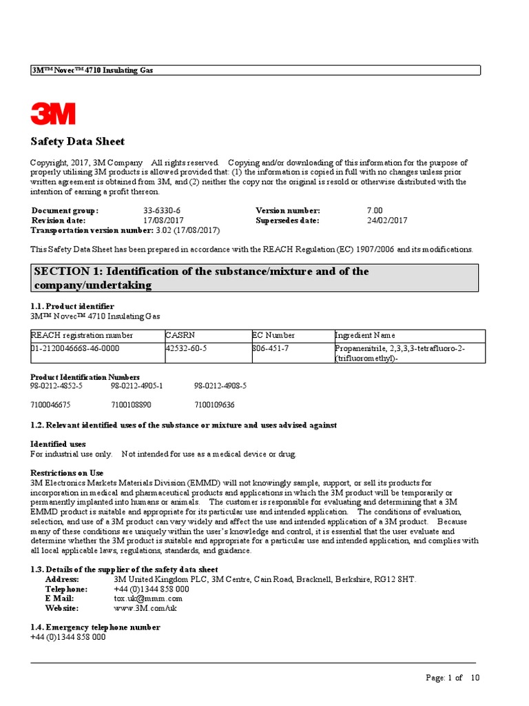 Safety Data Sheet 3M™ Novec™ 4710 Insulating Gas PDF Toxicity