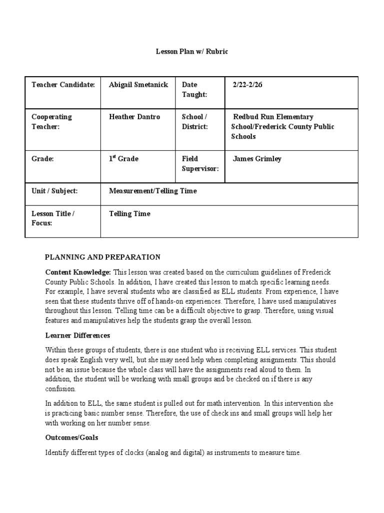 First Grade Telling Time Lesson Plan | PDF | Educational Assessment ...