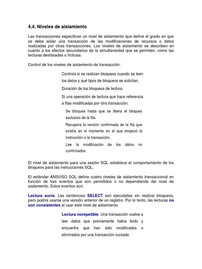 Niveles de Aislamiento en SQL | PDF | SQL | Gestión de la información