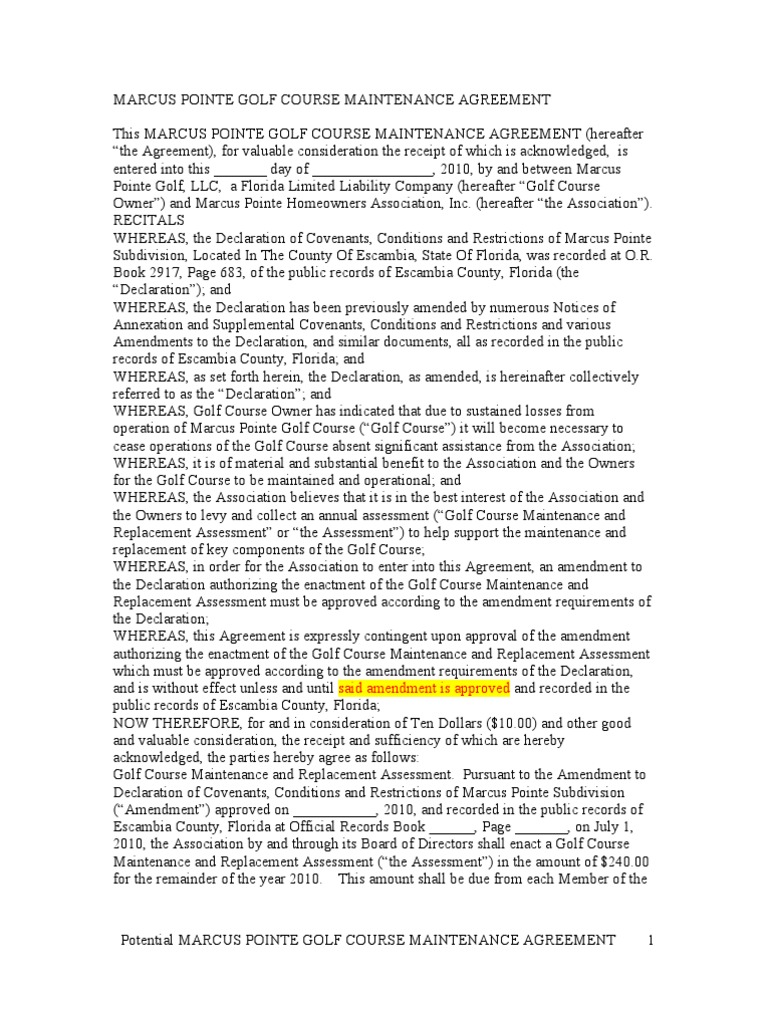 Marcus Pointe Golf Course Maintenance Agreement June23 2010 PDF