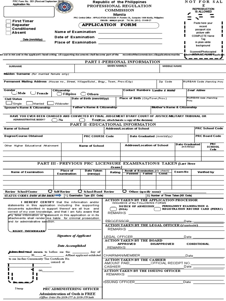 PRC Application Form | PDF | Licensure | Birth Certificate