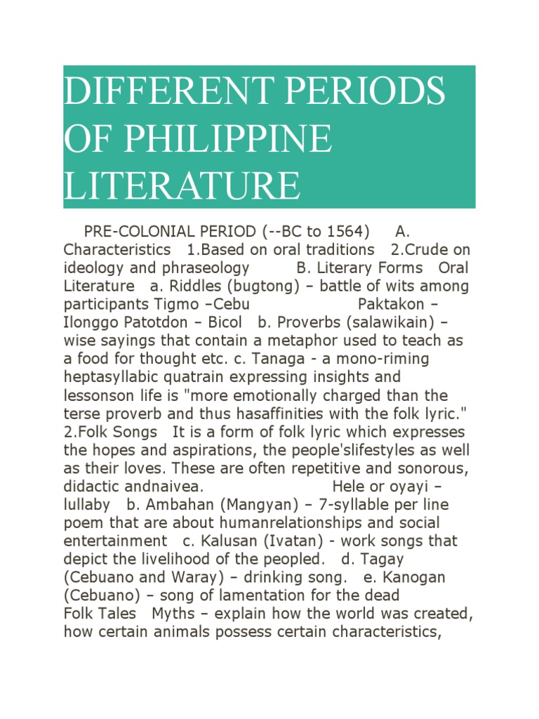 Different Periods of Philippine Literature PDF Philippines Poetry