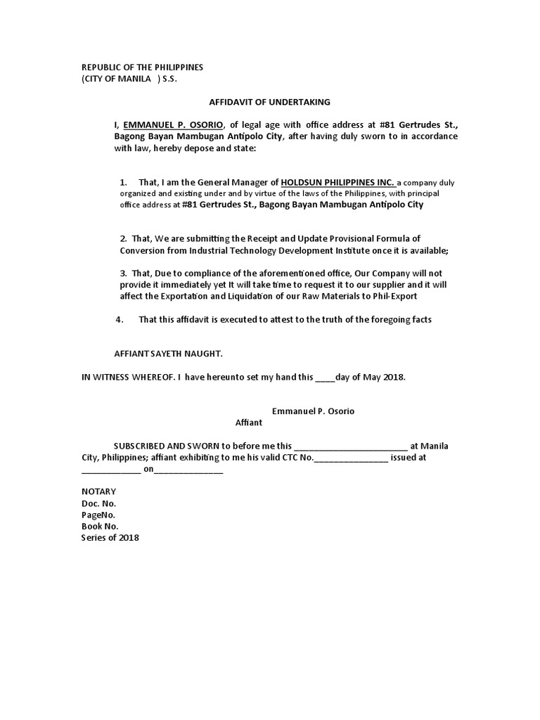 Affidavit of Undertaking Template | PDF