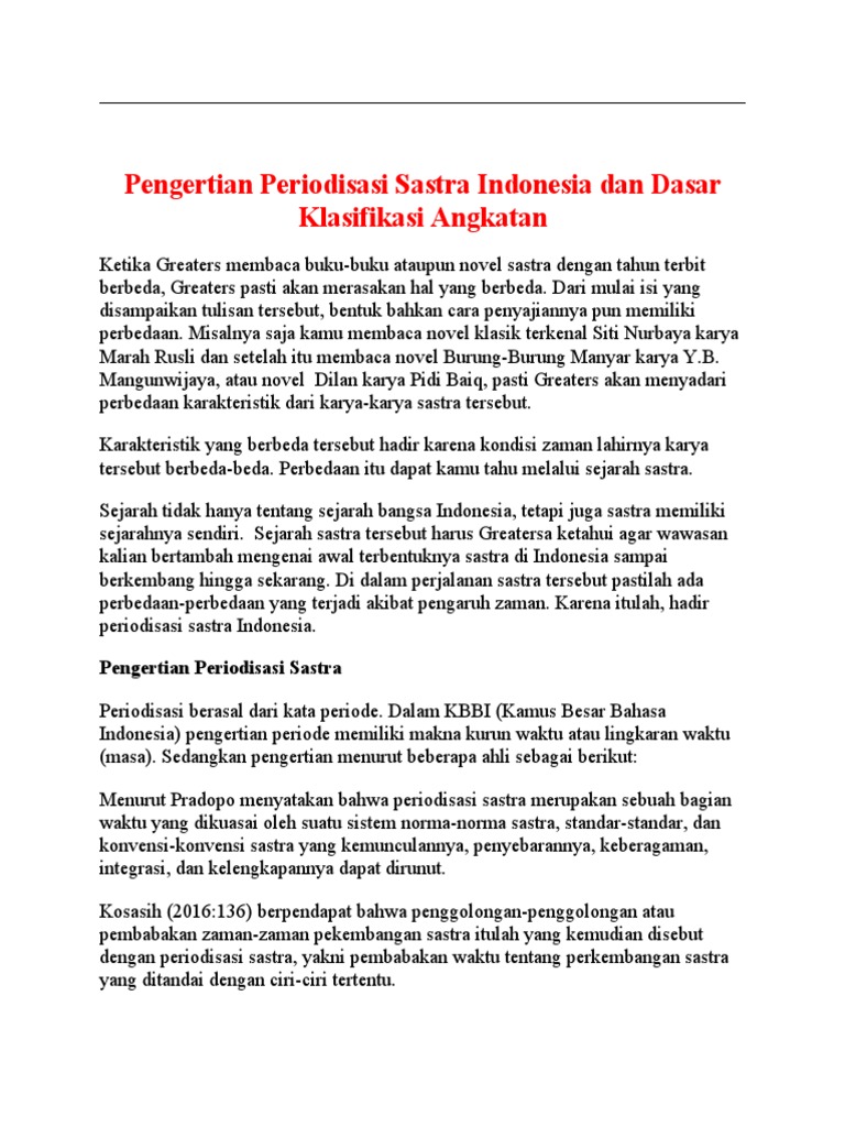 Pengertian Periodisasi Sastra Indonesia Dan Dasar Klasifikasi Angkatan Pdf