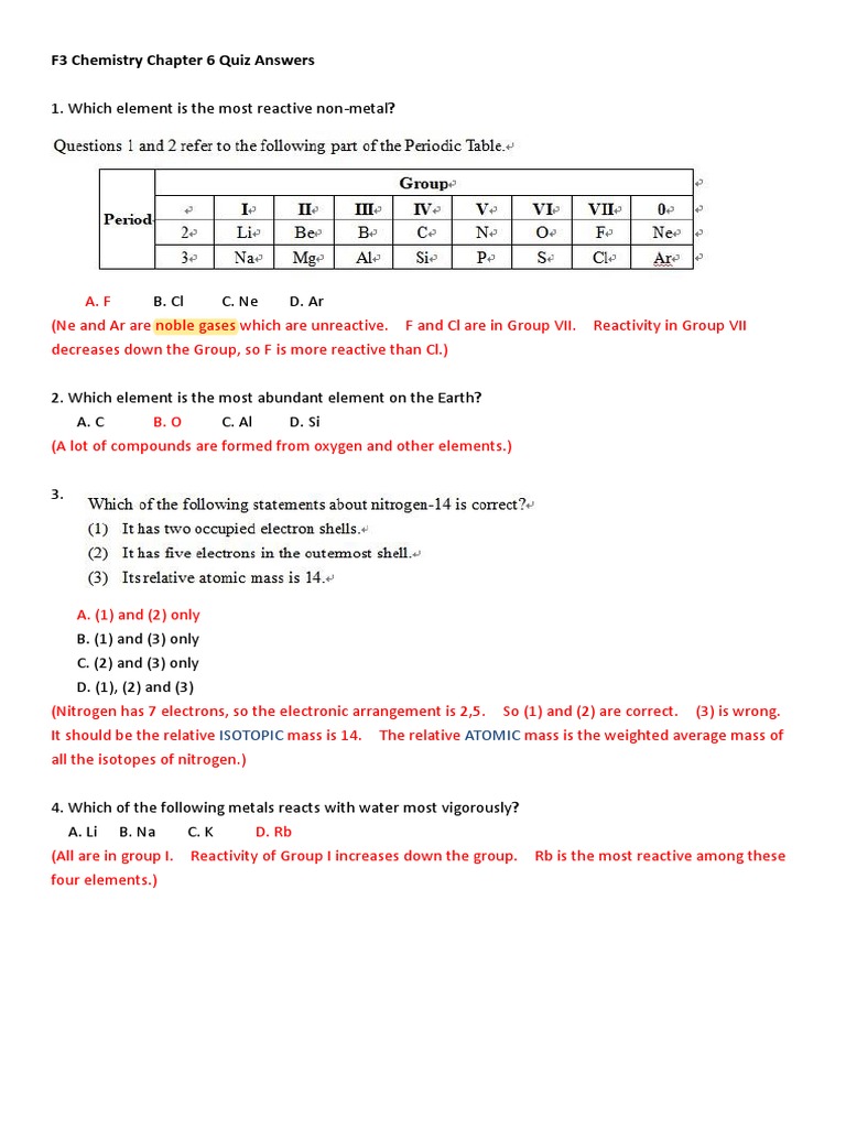 Chapter 6 Chemistry Quiz Answers | PDF | Chemical Elements | Chlorine