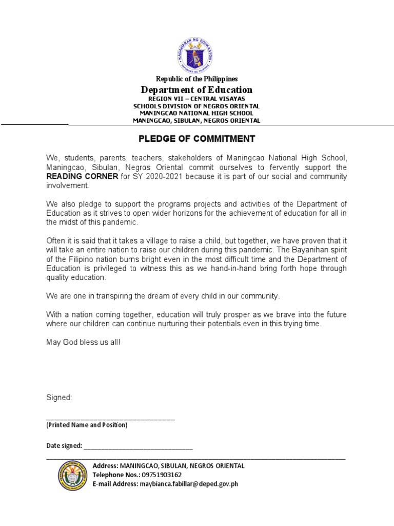 Commitment Pledge for Education Support | PDF | Wellness