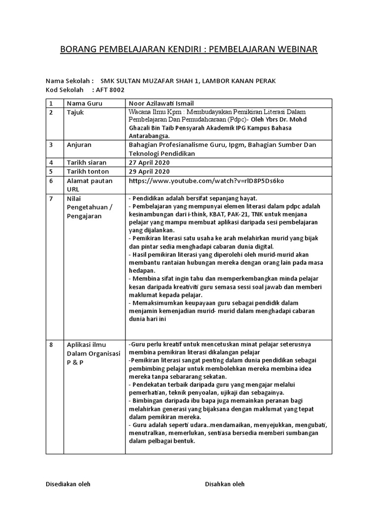 Borang Pembelajaran Kendiri Webinar Docx Azila Pdf