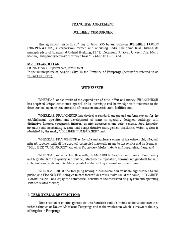 Franchise Agreement Jollibee Yumburger | PDF | Franchising | Lease