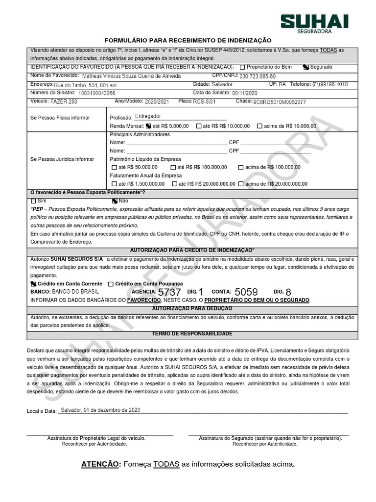 Formulário para Recebimento de Indenização | PDF | Indenização | Crédito