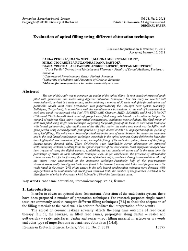 Evaluation of Apical Filling Using Different Obturation Techniques