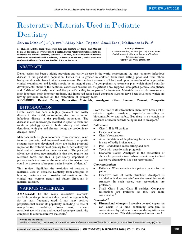 Restorative Materials in Pediatric Dentistry | PDF | Dental Composite ...