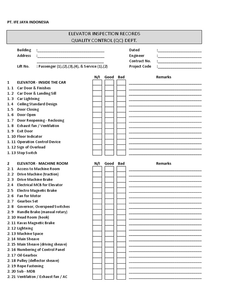 Elevator Inspection Records Quality Control (QC) Dept.: Pt. Ife Jaya ...