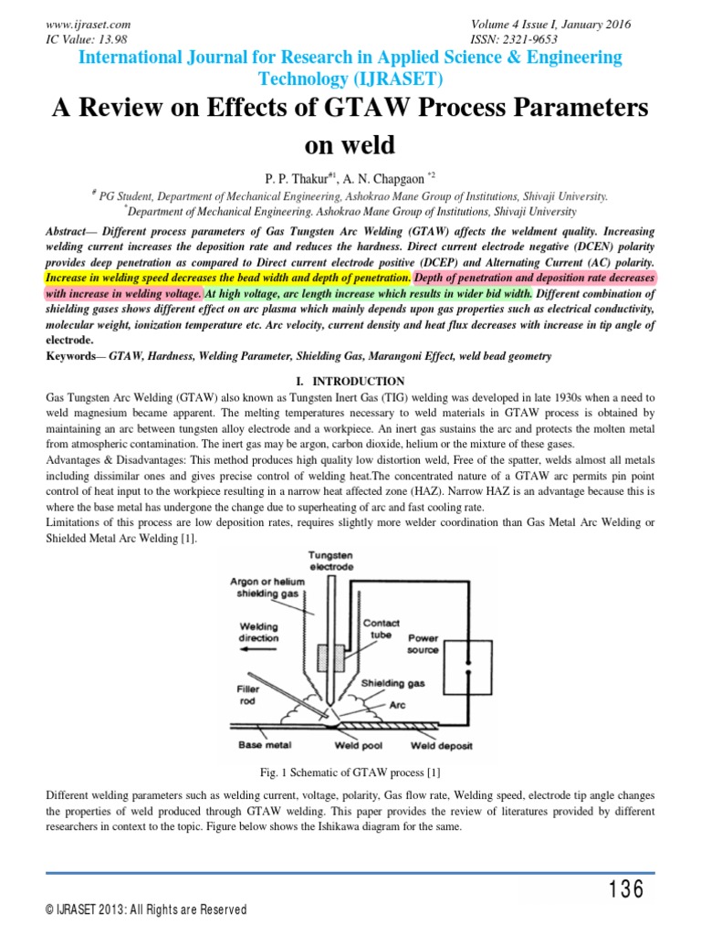 Effects of GTAW Process Parameters On Weld | PDF | Electric Arc | Welding
