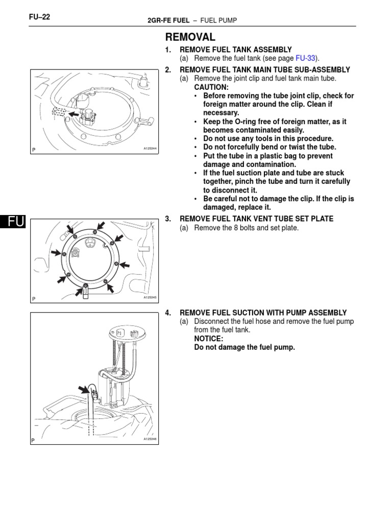 Removal Of Fuel Pump And Related Components From 2gr Fe Engine Fuel