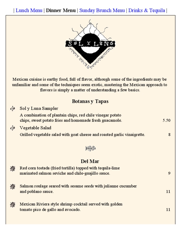 Sol y Luna Lunch Menu Highlights | PDF | Cuisine | Foods