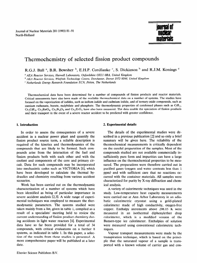 Thermochemistry of Selected Fission Product Compounds PDF