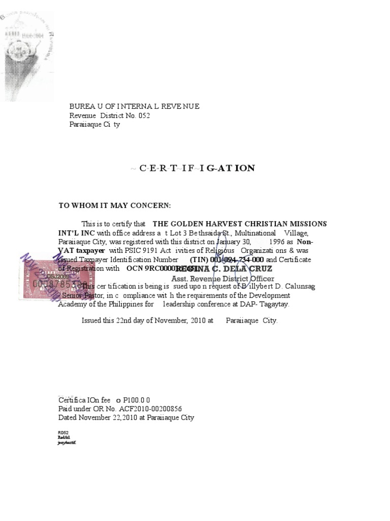 BIR Certification of VAT exemption