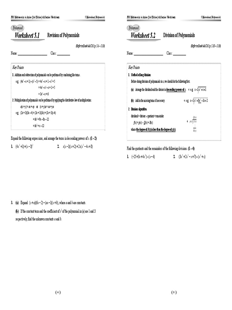 Polynomial Division and Operations Worksheet on Dividing, Expanding