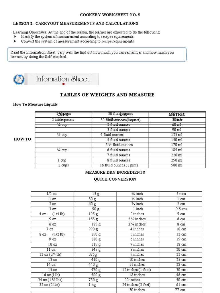 Tables of Weights and Measure Cookery Worksheet No. 5 Lesson 2