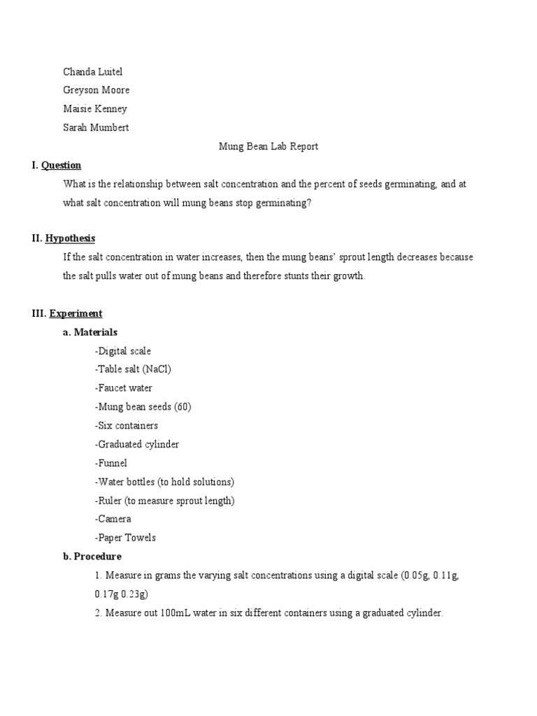 Mung Bean Lab Report | PDF | Salt | Germination