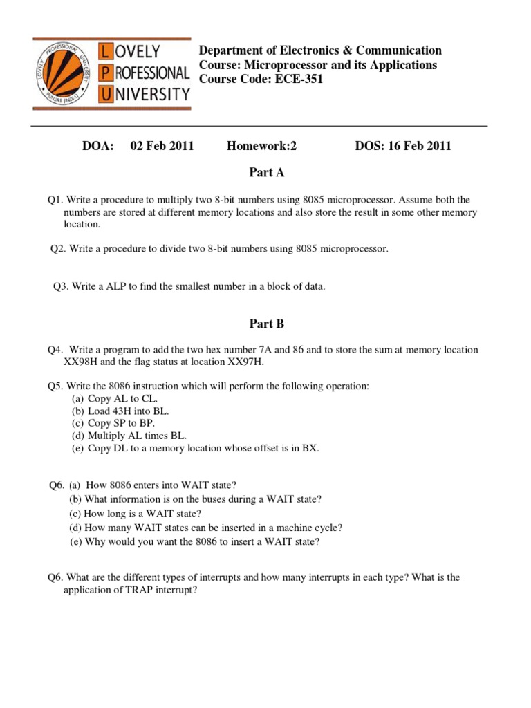 8085 Microprocessor Homework Assignments | PDF